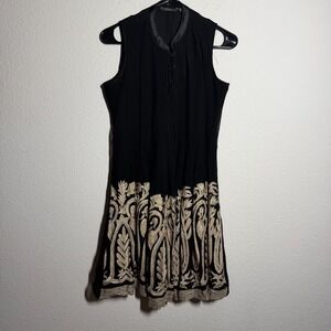 Satori A Line Dress Womens Large Black Gold Floral Embroidery Pleated Sleeveless